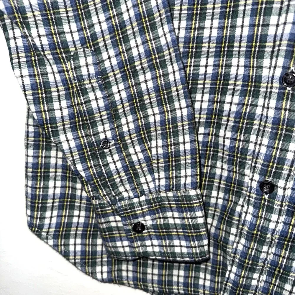 J.Crew Mens Flannel Blue Green White Plaid Long Sleeve Shirt Botton Down Size M